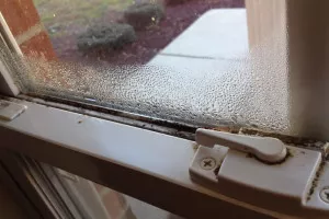 view of window sill with condensation on the window and black mold growing along ledge