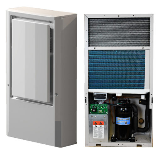 front image of the wall mounted IW25-4 on wall dehumidifier displaying front cover on left and internal components in base unit on the right.