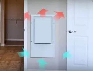 Fixed dehumidifier with teal arrows showing moisture in the air being pulled to dehumidifier and red arrows releasing dehumidified air