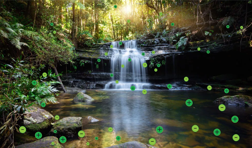Flowing waterfall surrounded by greenery and rocks with bi-polar ions floating in the air