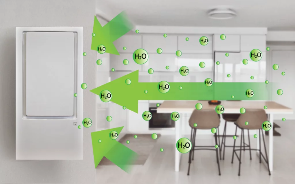 In Wall Dehumidifier installed in a kitchen wall, green arrows demonstrate the dehumidifier pulling in moisture form the air